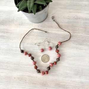 NWOT Handcrafted Necklace and Earrings with Glass Pink & Brown Beads.